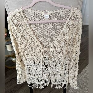 Miss Kelly Cream Crochet Floral Fringe 100% Cotton Cardigan, M